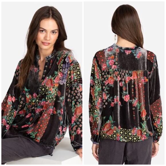 Johnny Was Rose Burnout Comisa Blouse Grey Floral Velvet - Picture 1 of 12